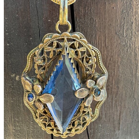 Victorian Blue Glass Diamond Shaped Filigree Pendant Necklace Gold Tone - Picture 1 of 8